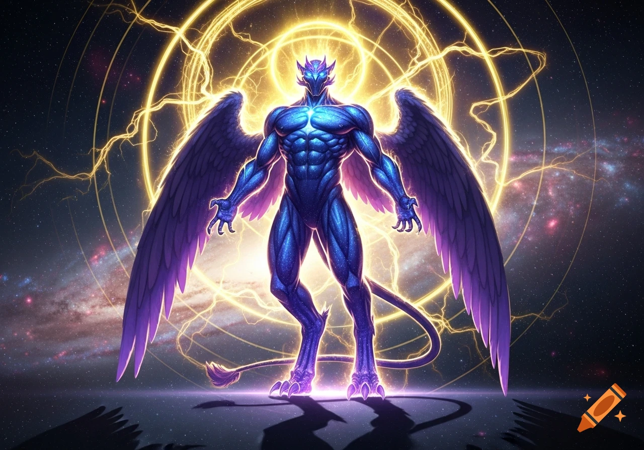 A cosmic, muscular blue-purple winged god-like entity radiating yellow energy and lightning in space.