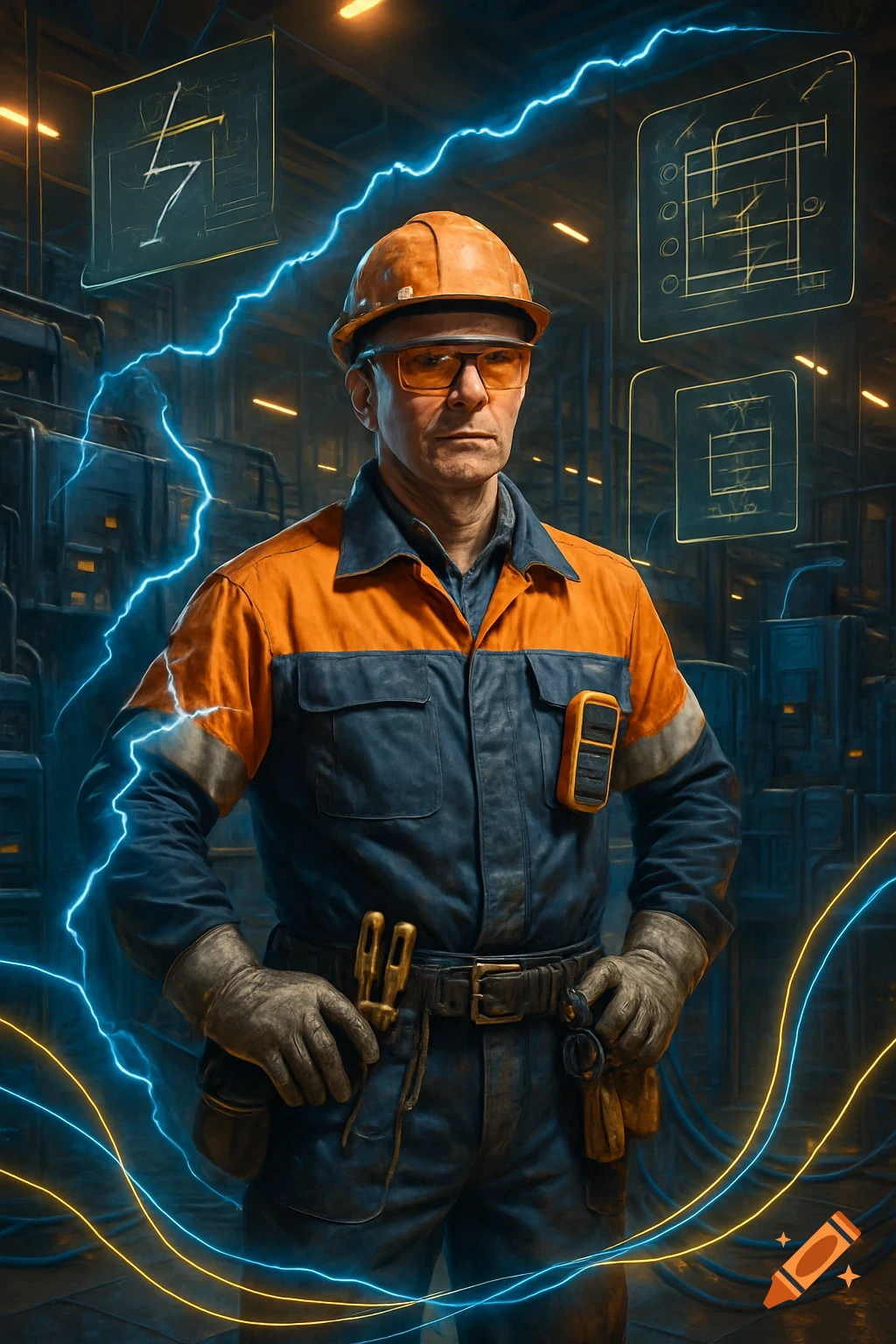 A serious electrician in a hard hat and safety glasses, surrounded by blue electricity and technical diagrams in an industrial setting.