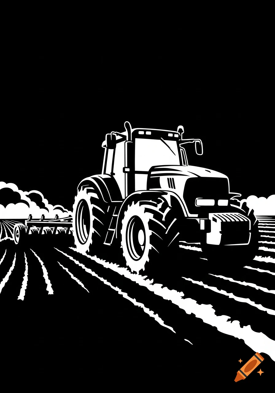 White on black stencil silhouette of a tractor plowing a field.