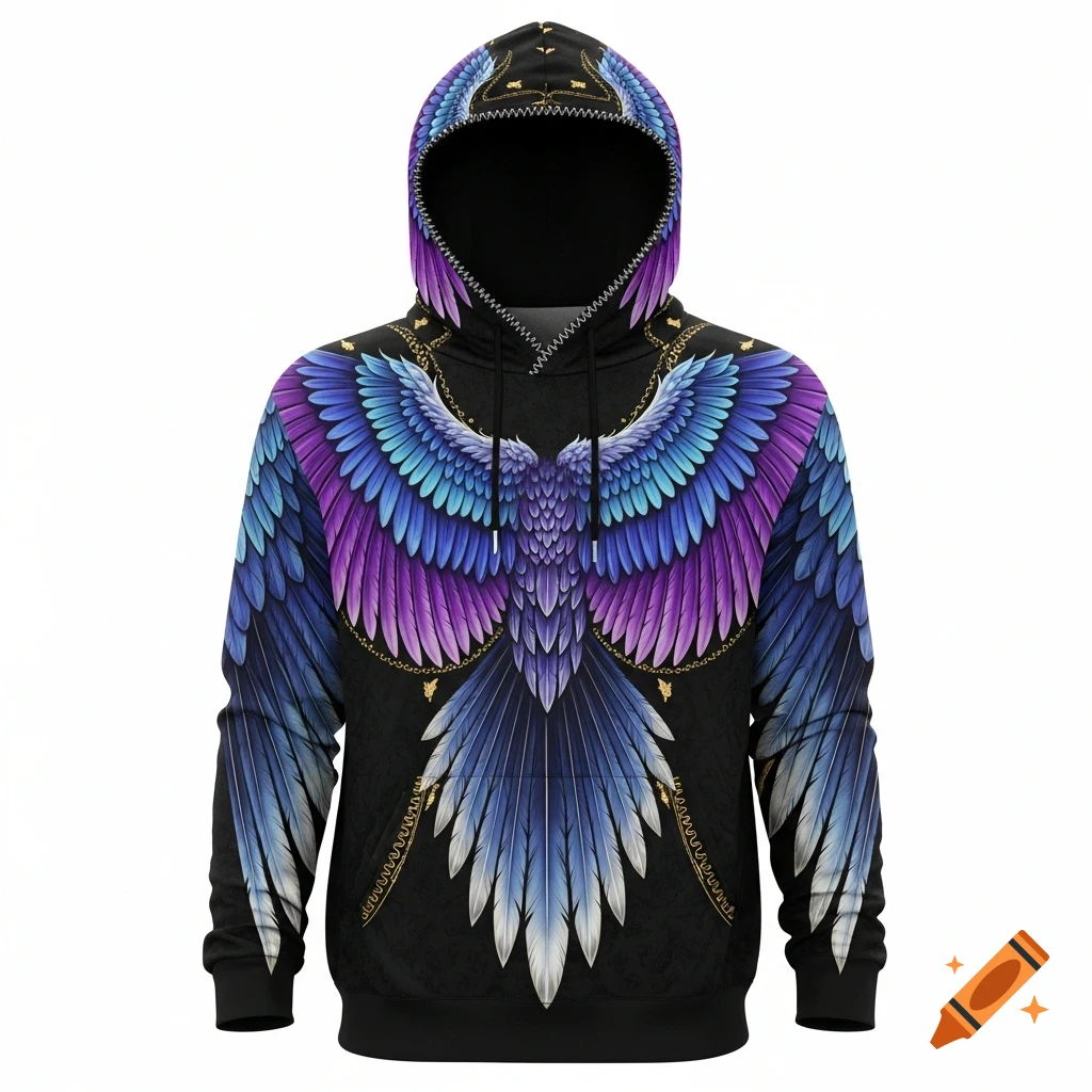 Black hoodie with a majestic design of blue, purple, and white open wings, detailed with golden chains.