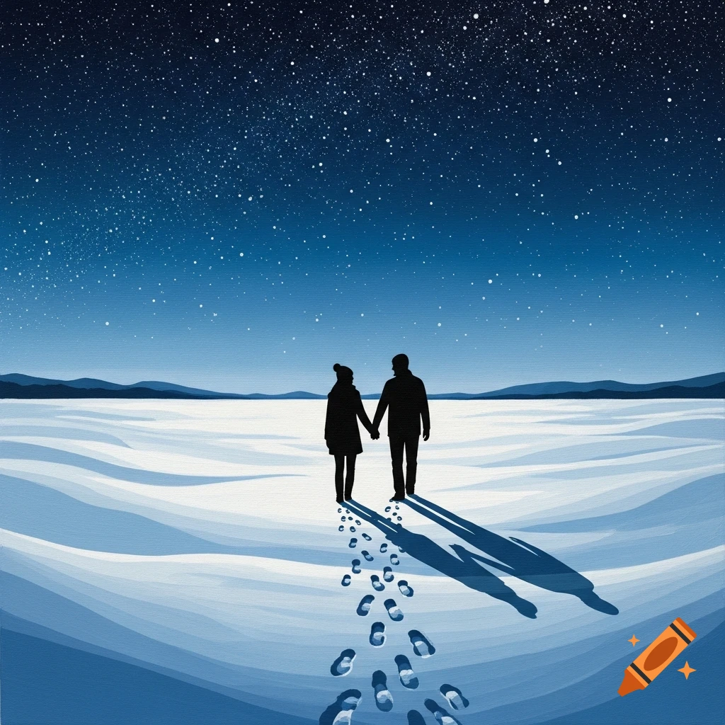 Stylized acrylic painting of a couple holding hands, walking in a snowy field at night under a starry blue sky.