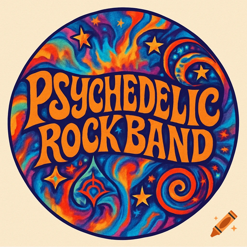 Vibrant psychedelic rock band logo with orange text on a swirling blue and red background with stars.