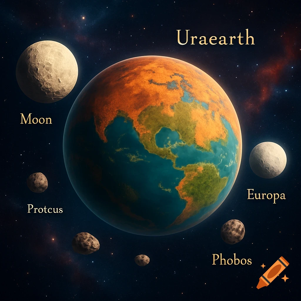 An alien planet with teal oceans and orange landmasses, labeled "Uraearth," surrounded by several moons and smaller celestial bodies, labeled "Moon," "Protcus," "Europa," and "Phobos," against a starry space background.