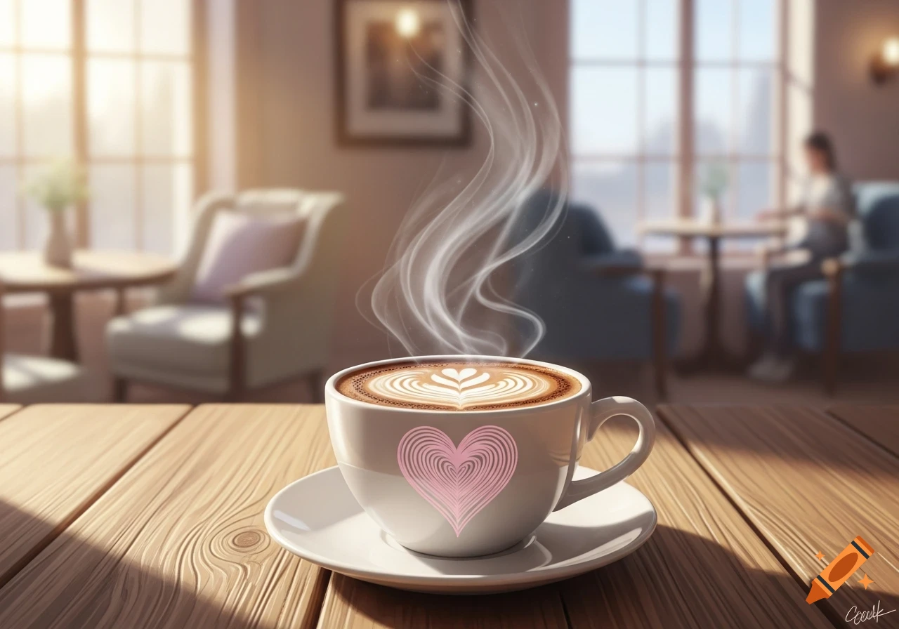Steaming coffee cup with heart latte art and a pink heart design sits on a wooden table in a bright cafe.