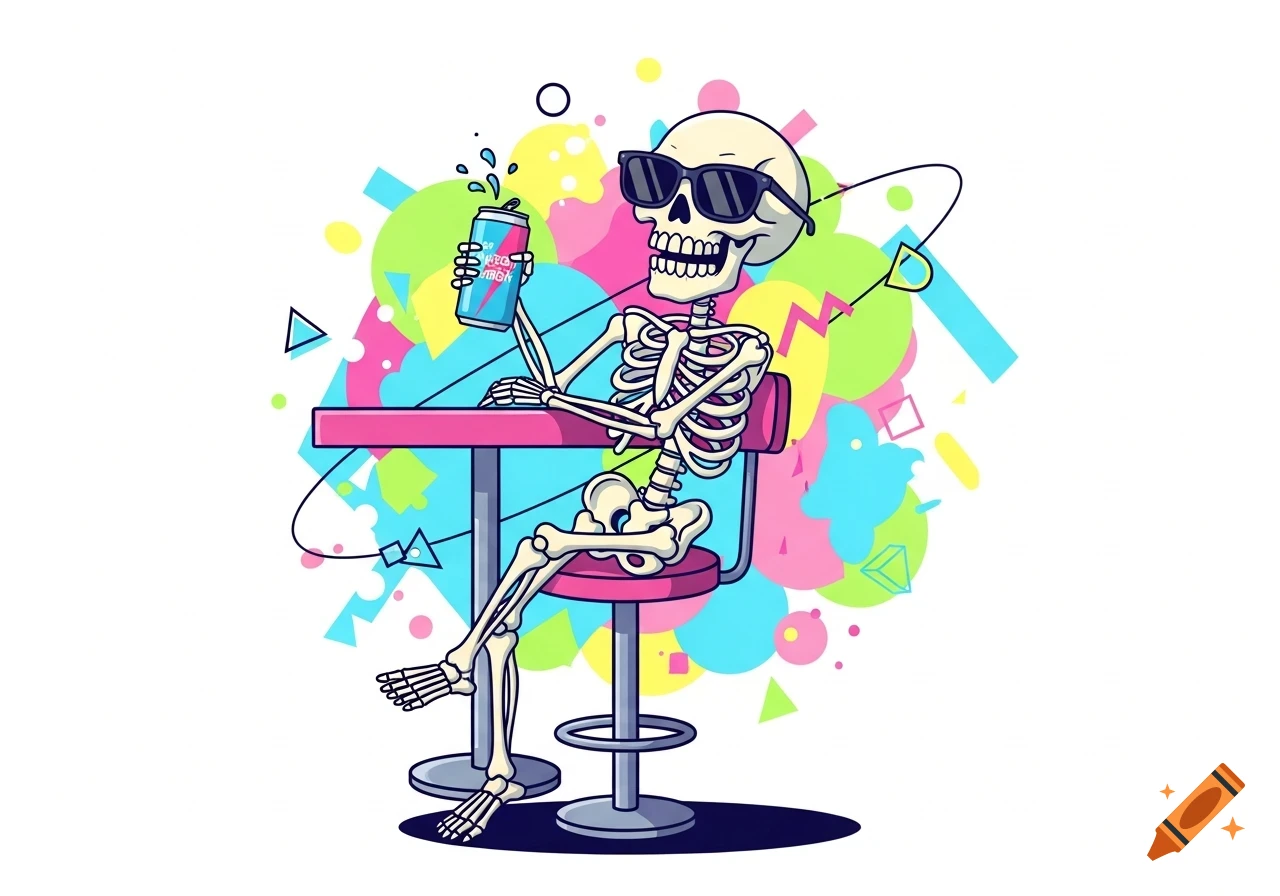 Cartoon skeleton wearing sunglasses sits at a pink bar holding an energy drink, surrounded by vibrant geometric shapes.