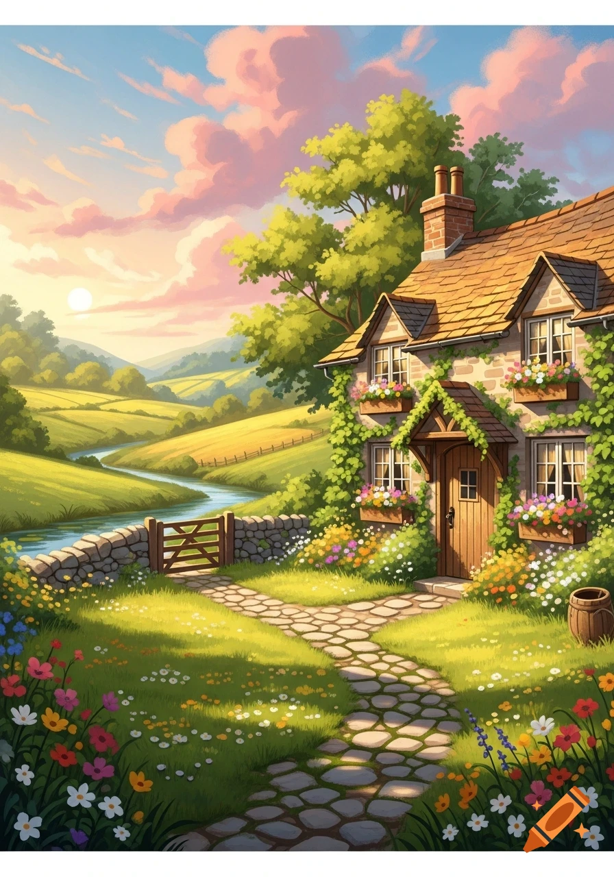A charming stone cottage with a thatched roof and vine-covered walls stands in a vibrant wildflower meadow, with a river and hills under a pastel sky.