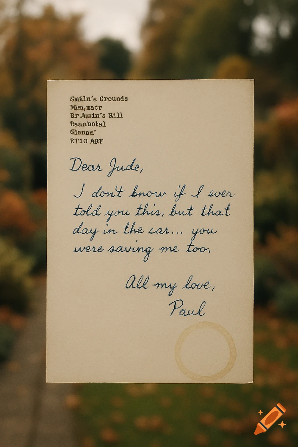A faded, cream-colored letter with handwritten blue ink and a typewriter address, held against a soft-focus autumn garden.