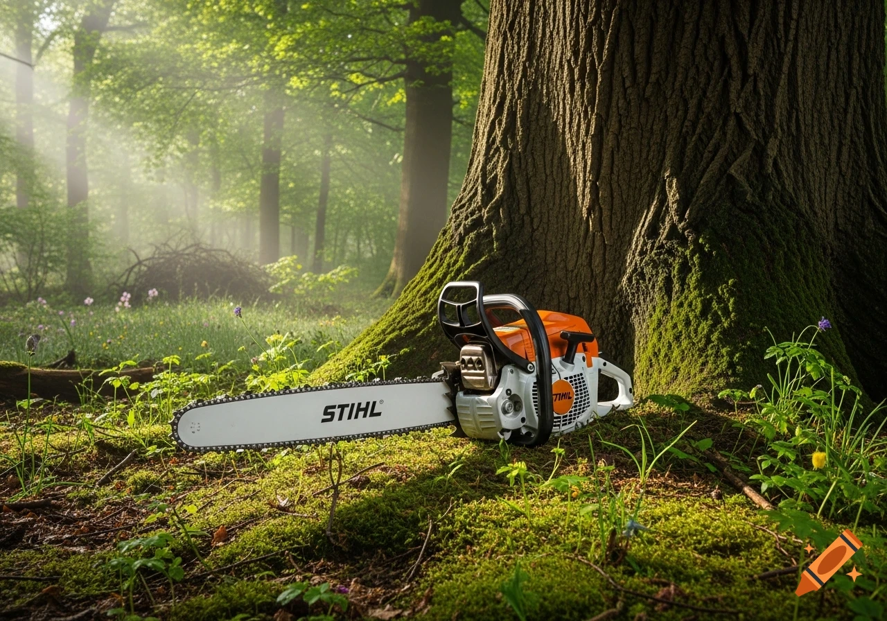 A Stihl chainsaw with an orange and white engine rests on mossy forest ground next to a large tree trunk, bathed in sunlight.