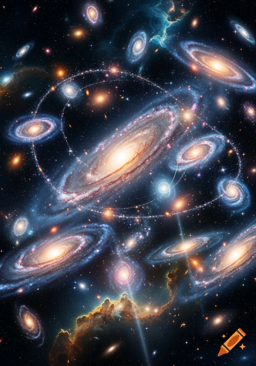 A vibrant cosmic scene filled with numerous spiral galaxies, nebulae, and stars, with sparkling arcs connecting some galaxies.