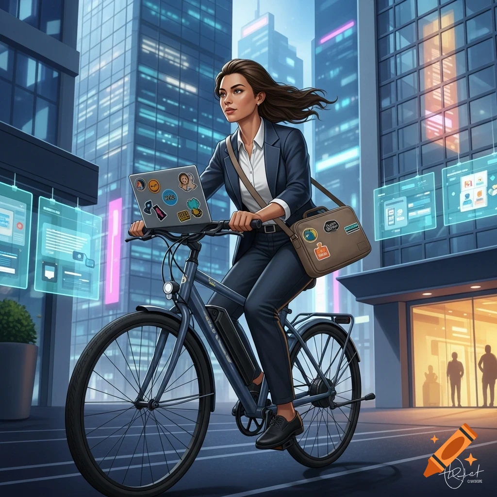 A professional woman in a suit rides an e-bike down a city street, carrying a laptop and messenger bag. Skyscrapers line the background.