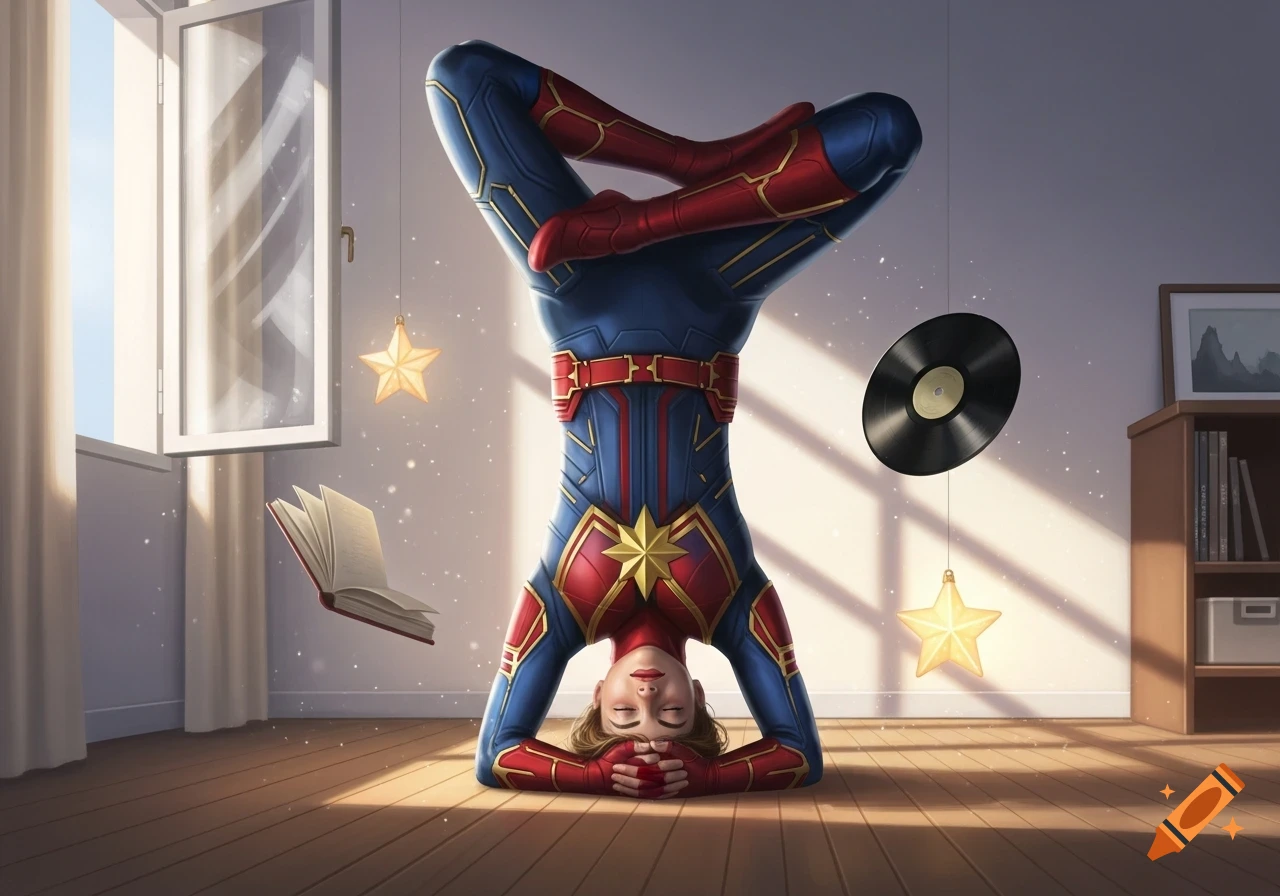 Captain Marvel in her suit performs a headstand with closed eyes in a sunny room with floating stars, a book, and a vinyl record.