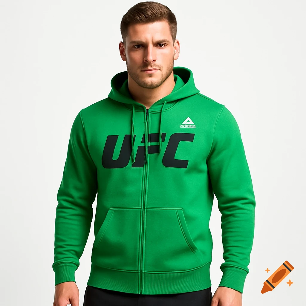 A white male model wearing a green zip-up hoodie with a black "UFC" logo and a small garbled white logo on a plain white background.