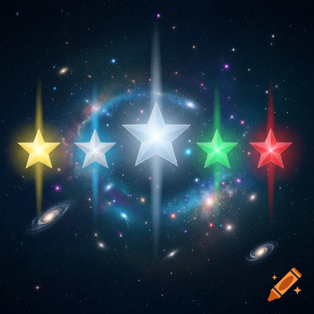 Five glowing, colorful stars aligned horizontally against a dark starry cosmic background with nebulae and galaxies.