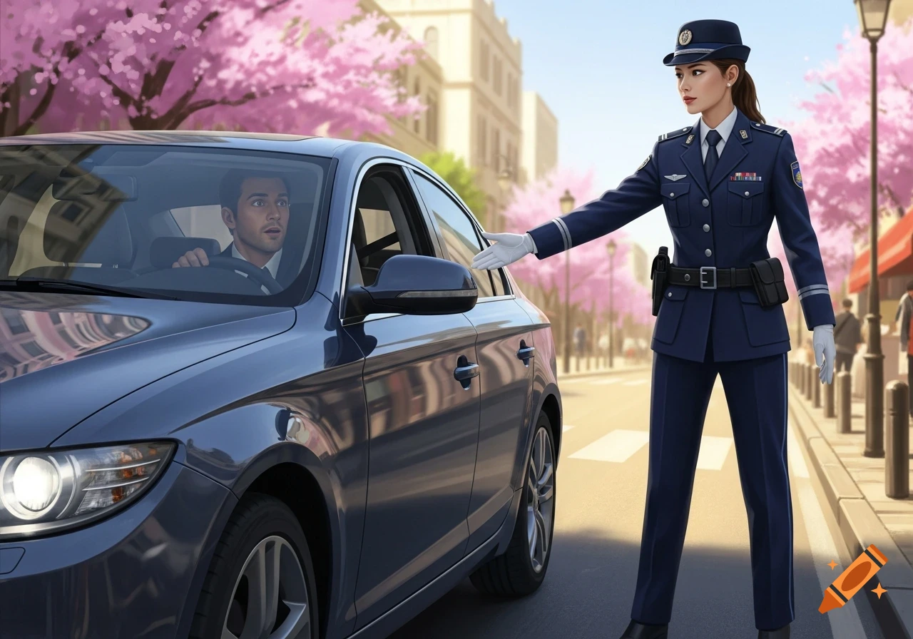 A female gendarme in a dark blue uniform signals a surprised male driver in a blue car to stop on a city street lined with cherry blossom trees.