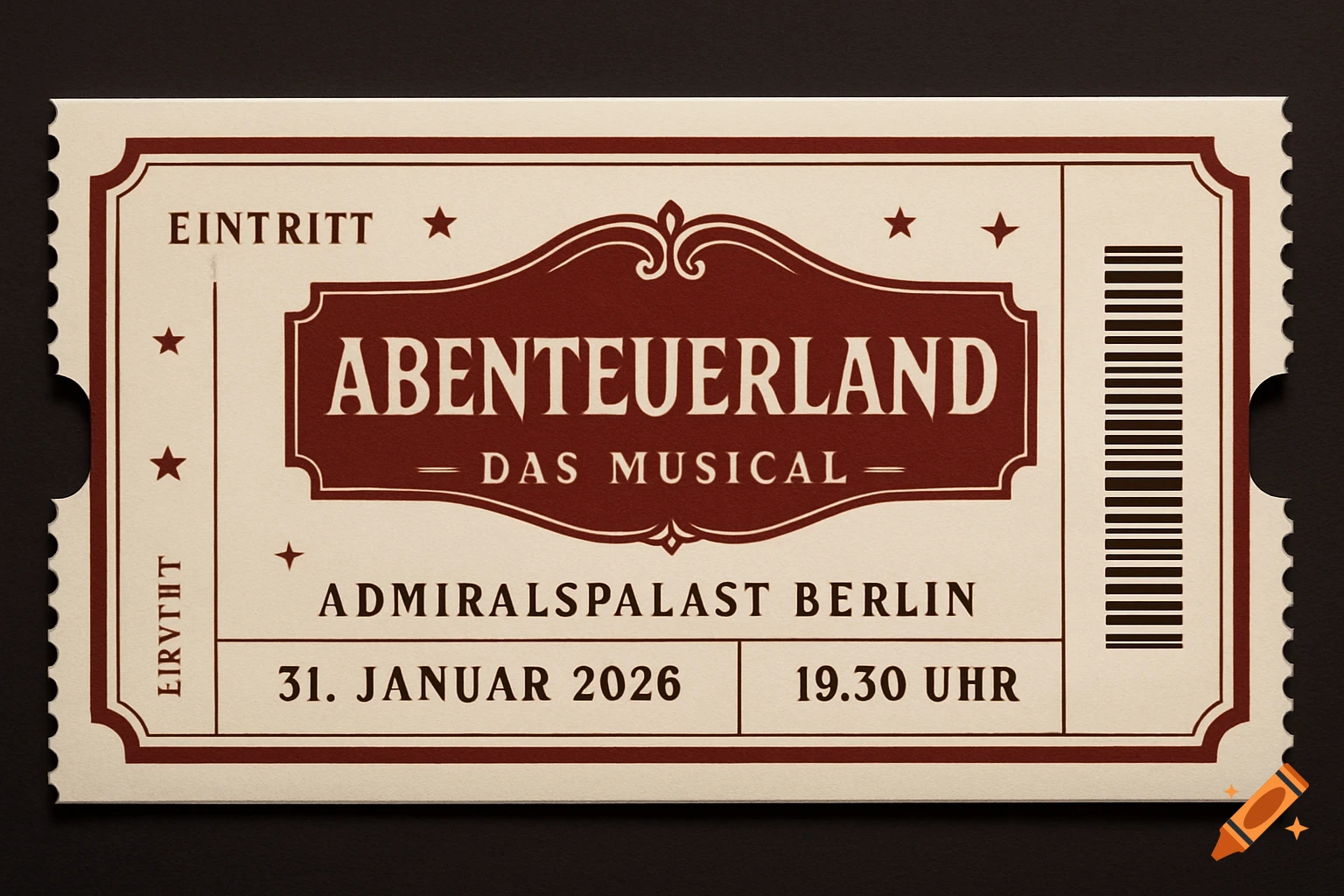 A vintage-style ticket for "Abenteuerland - Das Musical" at Admiralspalast Berlin, dated January 31, 2026.