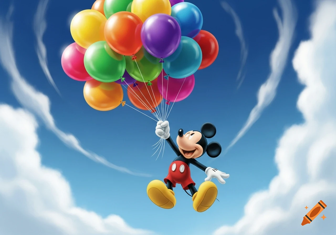 Mickey Mouse floats through a bright blue sky, holding a large bunch of colorful balloons.