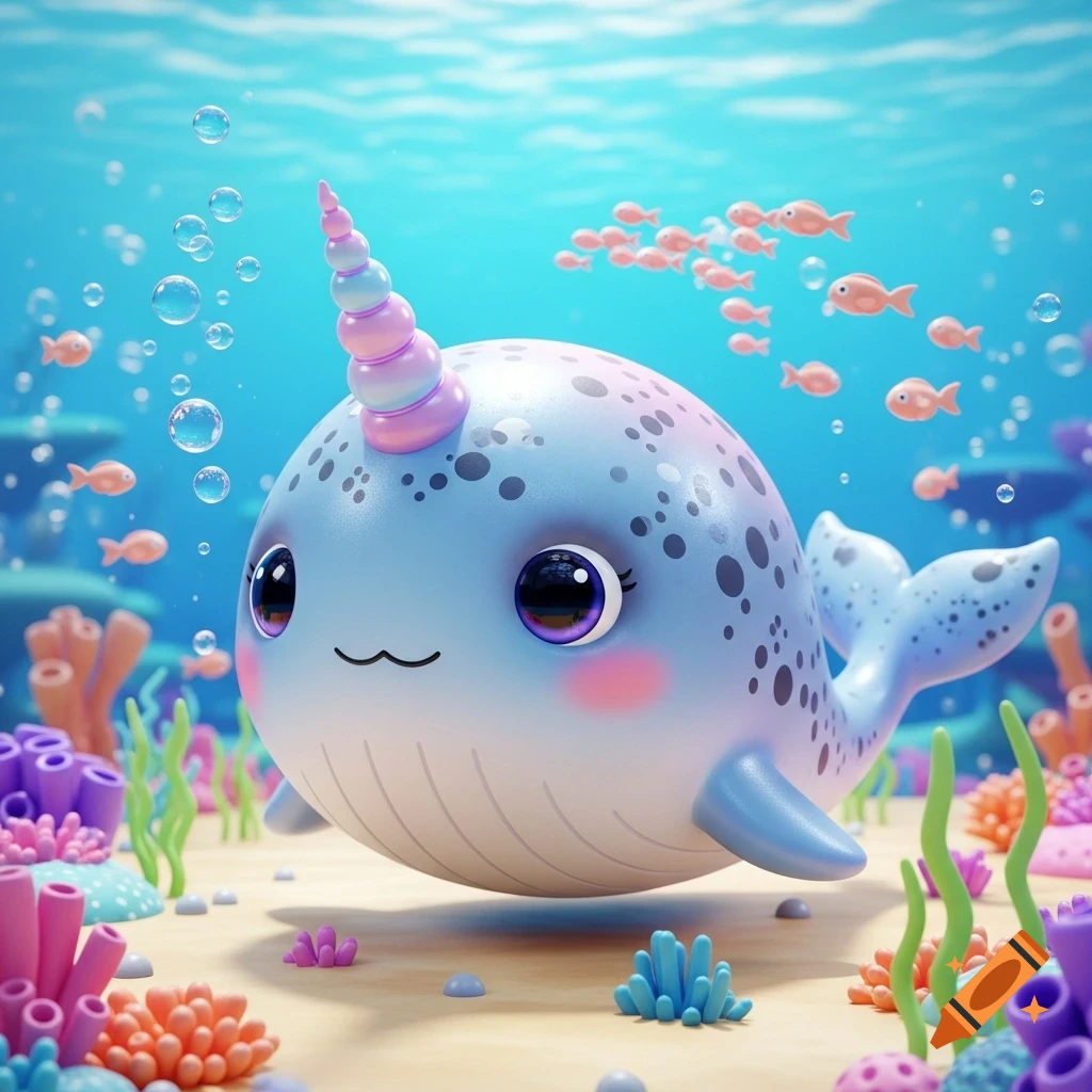A cute, blue and pink 3D cartoon narwhal with a spiral horn and big eyes floats underwater with coral and small fish.