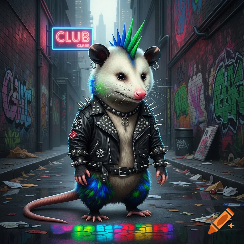 A punk opossum with a blue and green mohawk and studded leather jacket stands in a graffiti-covered urban alley under a neon sign.