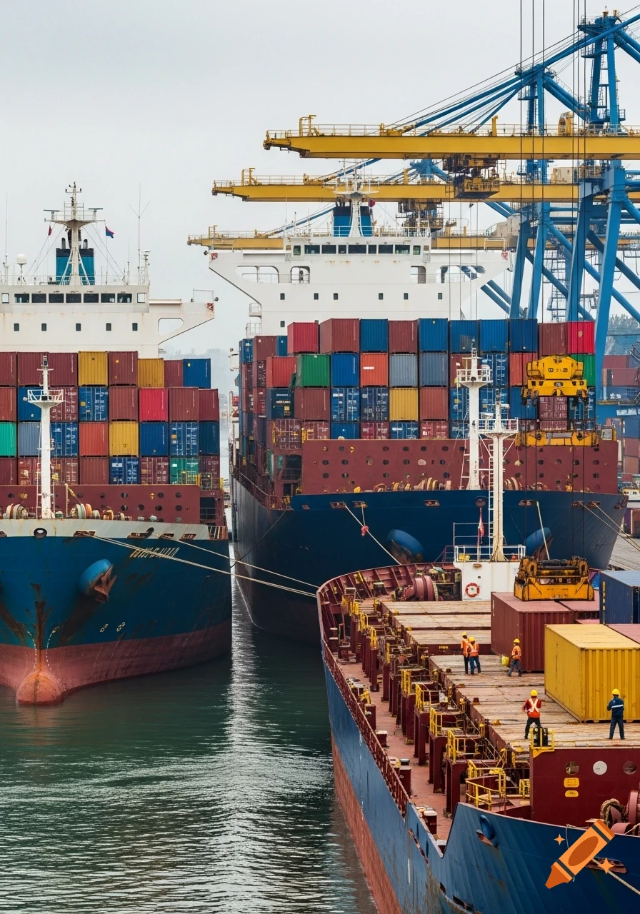 Large cargo ships with colorful containers docked in a busy harbor with cranes and workers.