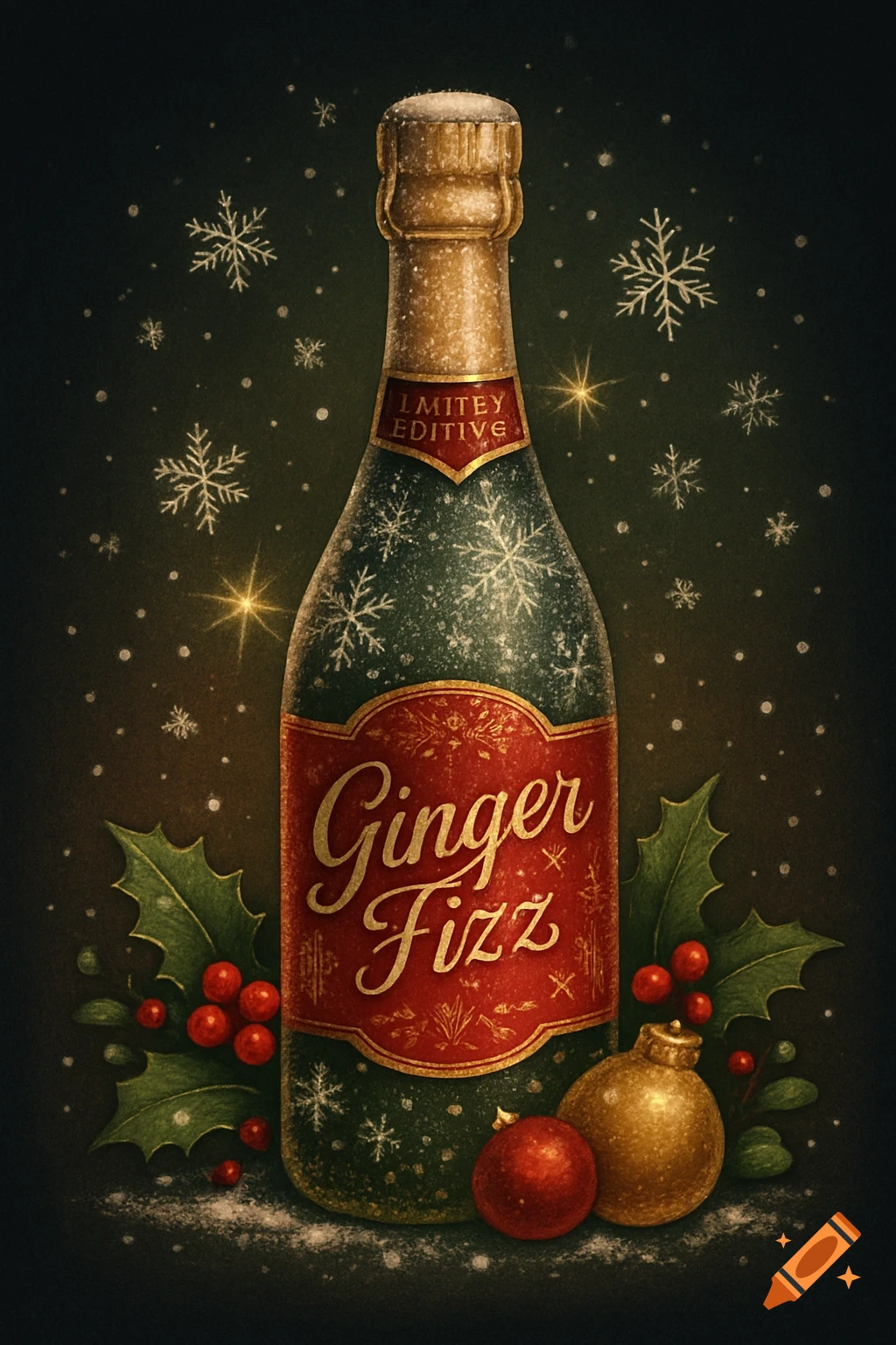 A festive illustration of a ginger fizz bottle covered in snow, surrounded by holly berries and Christmas ornaments.