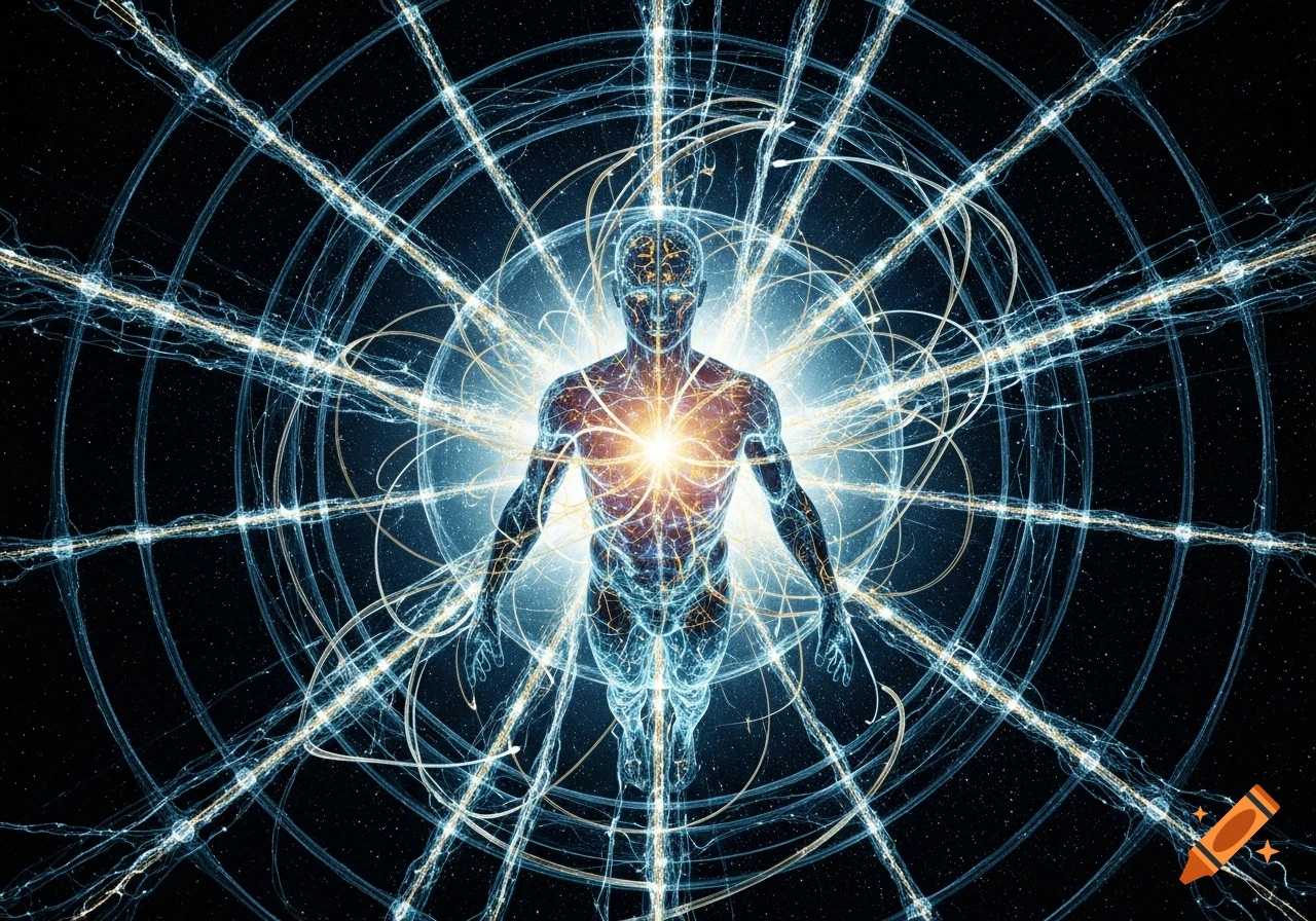 Glowing ethereal human figure radiating light rays and energy amidst concentric circles against a dark, starry background.