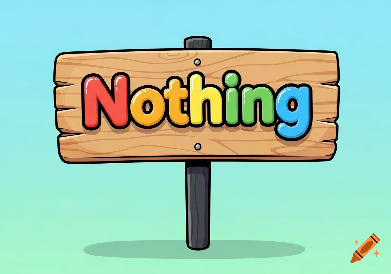A colorful cartoon wooden sign displaying the word 'Nothing' on a black post against a blue-green gradient background.