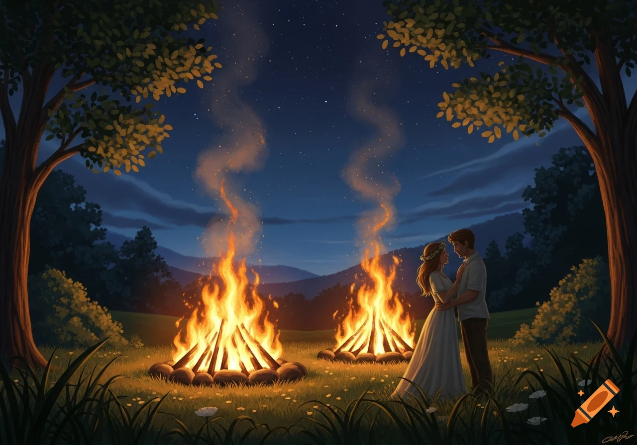 An illustrated couple embraces between two large bonfires at night in a grassy field under a starry sky, with trees and mountains.