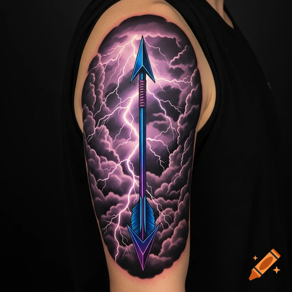 A vibrant blue and purple arrow tattoo against a background of dark clouds and lightning on a person's upper arm.