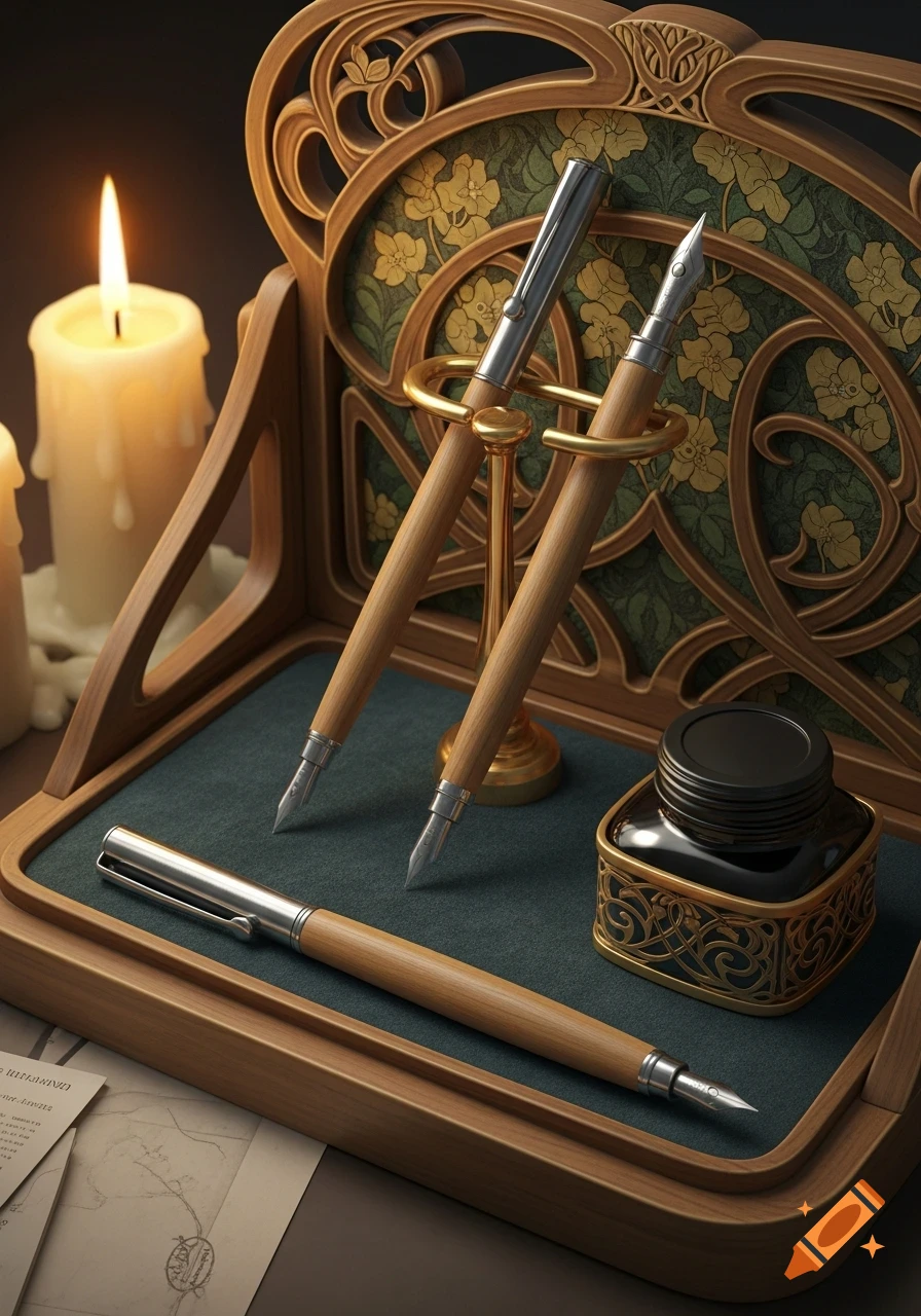 A detailed Art Nouveau wooden pen stand with three fountain pens and an ornate inkwell, illuminated by a flickering candle.