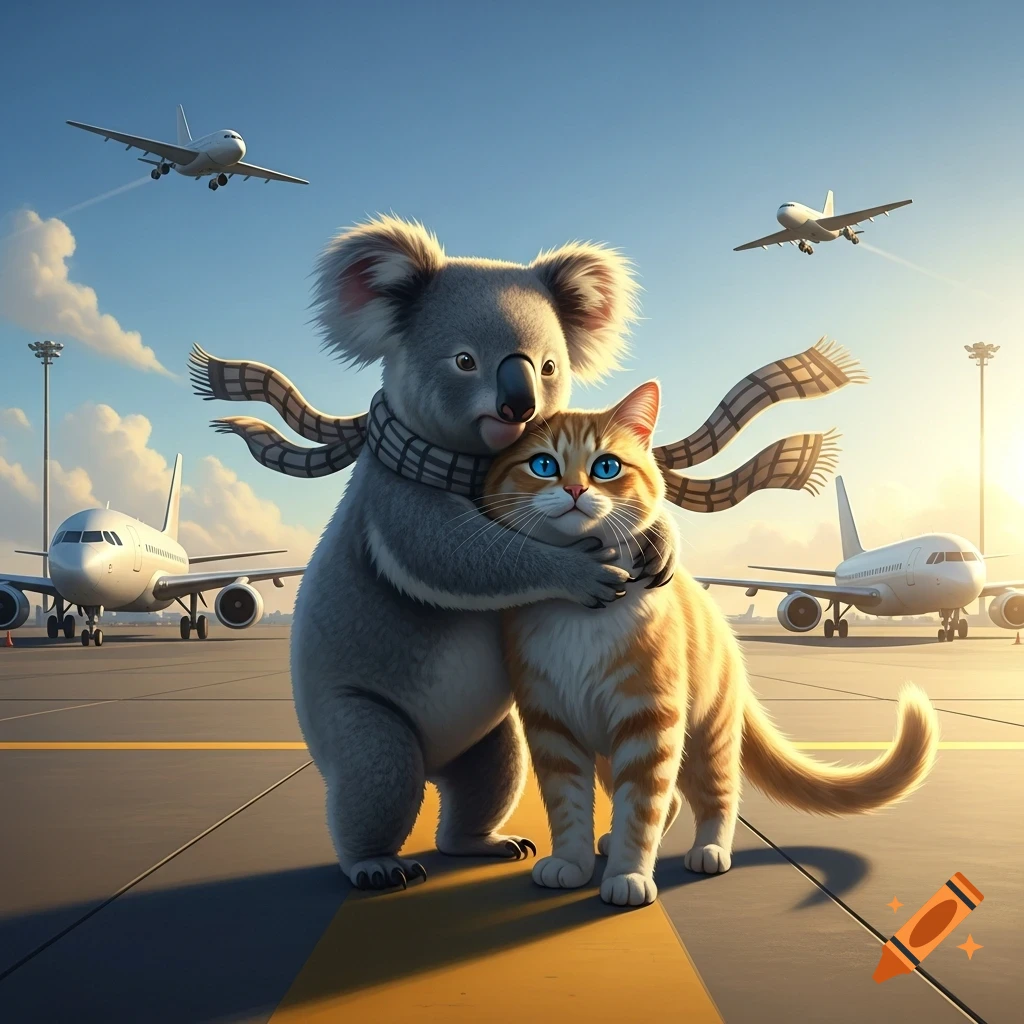 A cute cartoon koala hugs an orange cat on an airport tarmac with planes in the background.