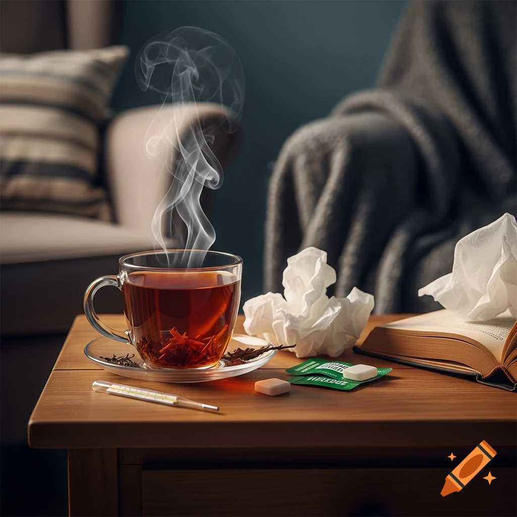 Steaming tea, crumpled tissues, a thermometer, and lozenges on a wooden table, suggesting a sick day.