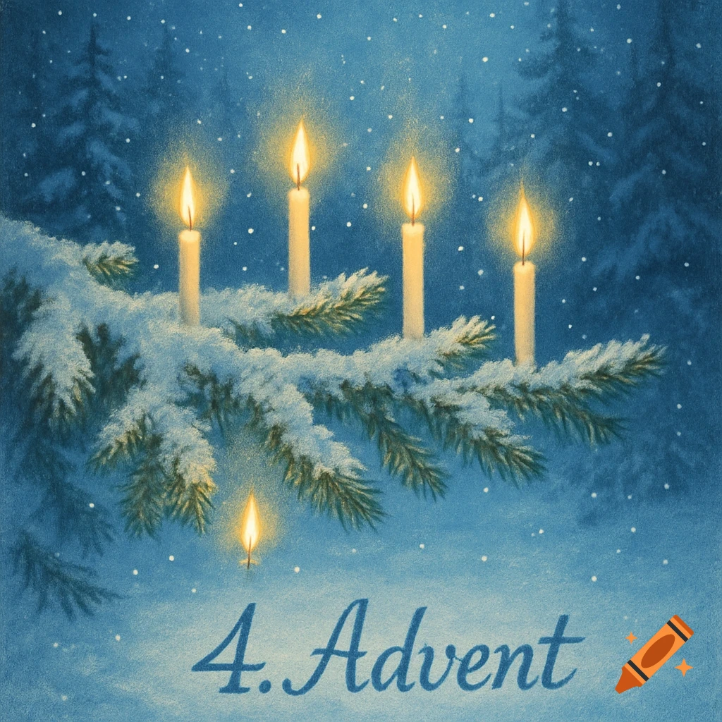 Illustration of a snowy fir branch with four lit candles against a blue, snowy background, with '4. Advent' text.