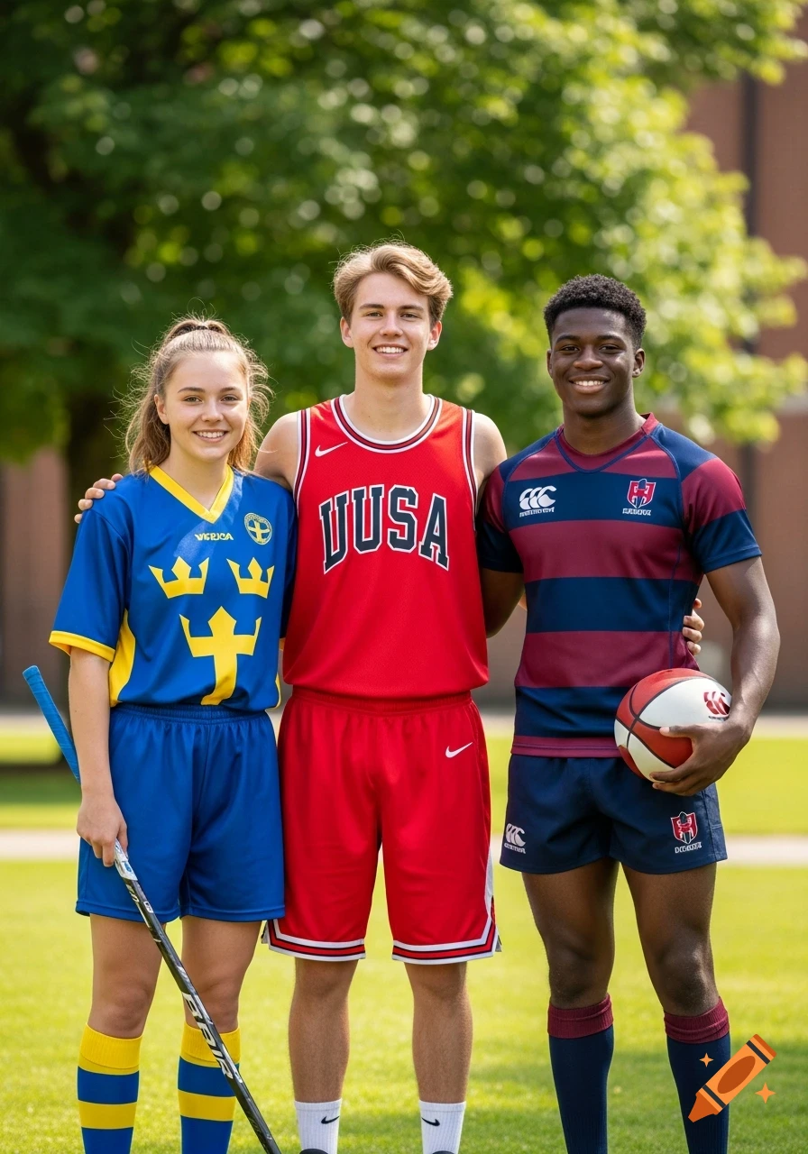 Three smiling student athletes, a girl in Swedish floorball attire, a boy in USA basketball uniform, and a boy in British rugby gear, stand outdoors on a sunny campus.