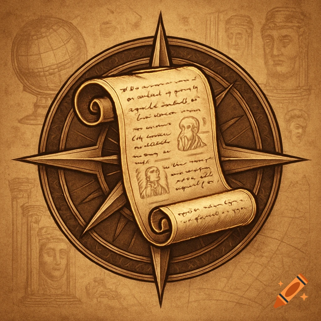 A stylized compass with a central scroll, a globe, and faint historical busts in a sepia tone, resembling an ancient map or document.