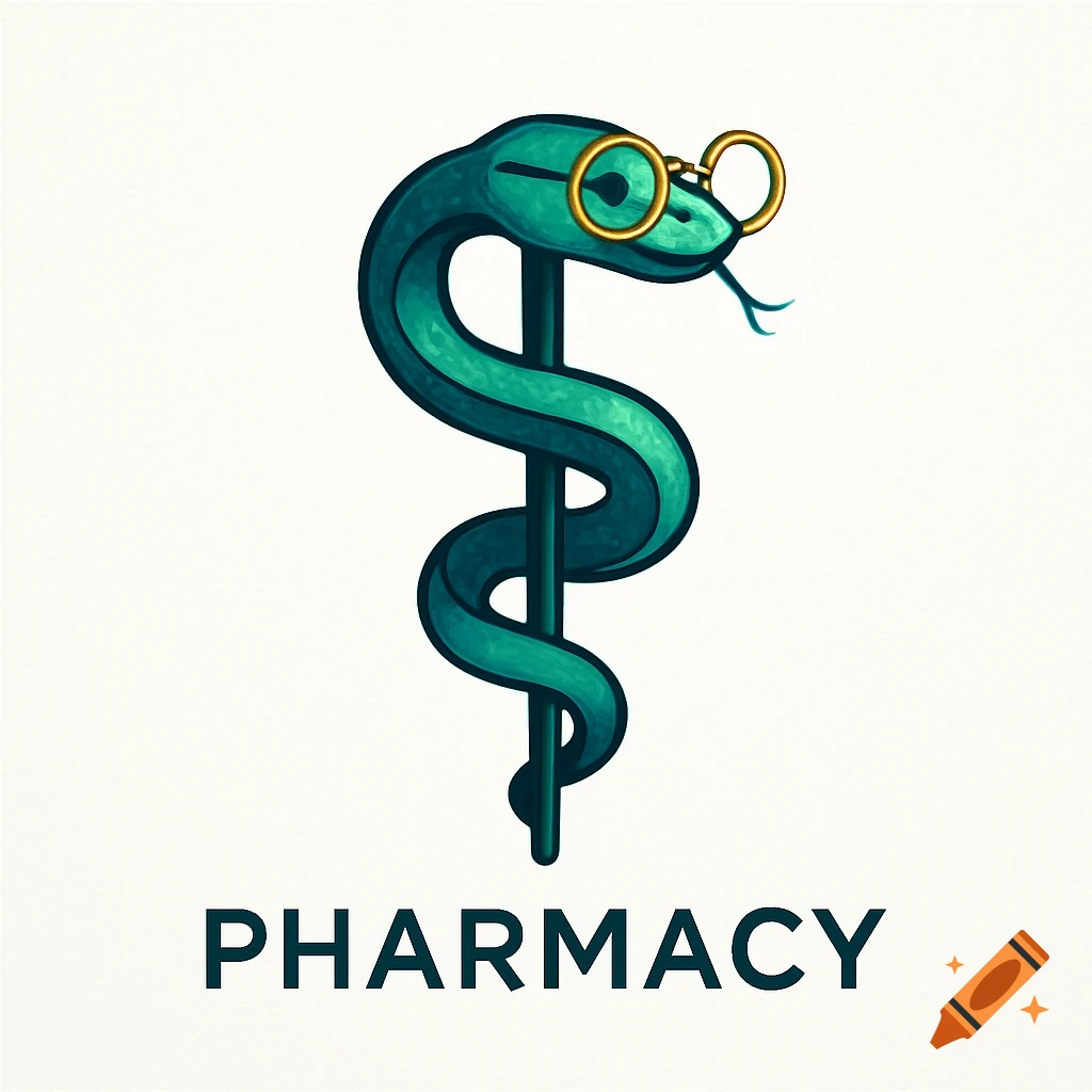 Stylized green snake with gold glasses wrapped around a dark staff, with 'PHARMACY' text below, on a white background.