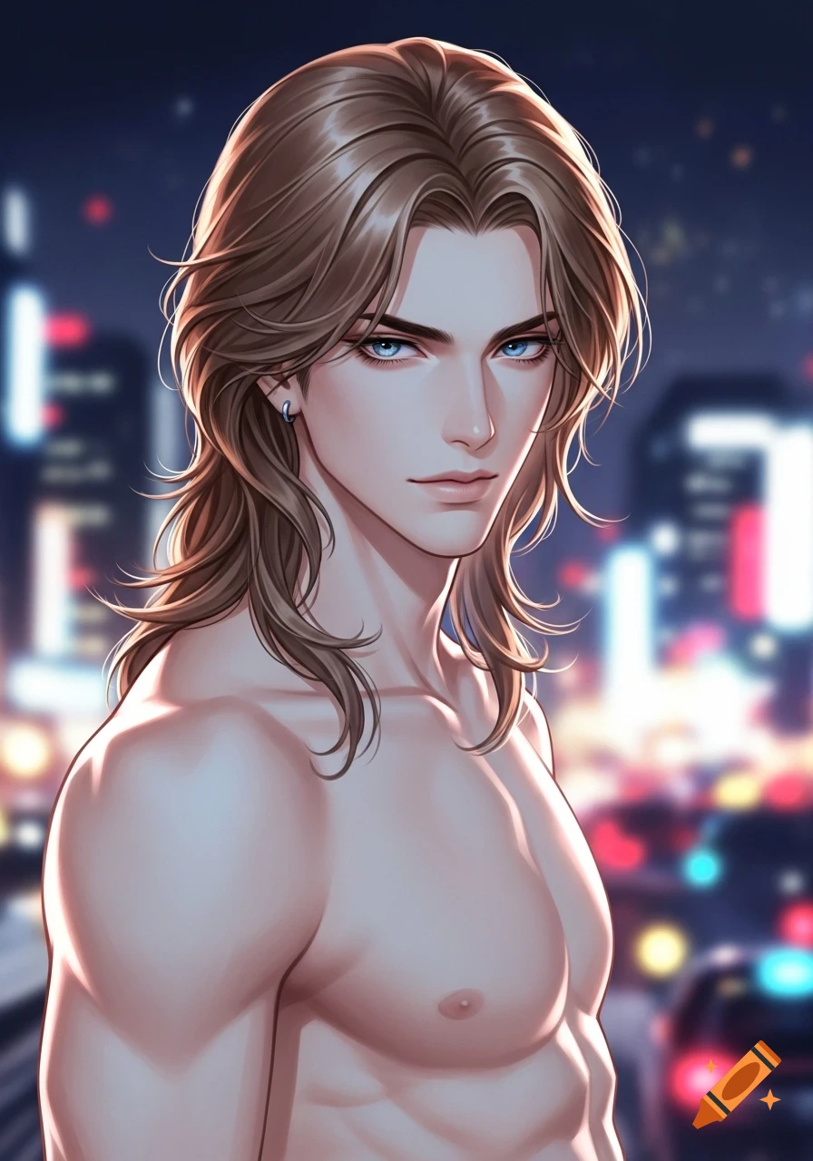 Anime boy with long brown hair and blue eyes, shirtless, standing against a blurred city night background.