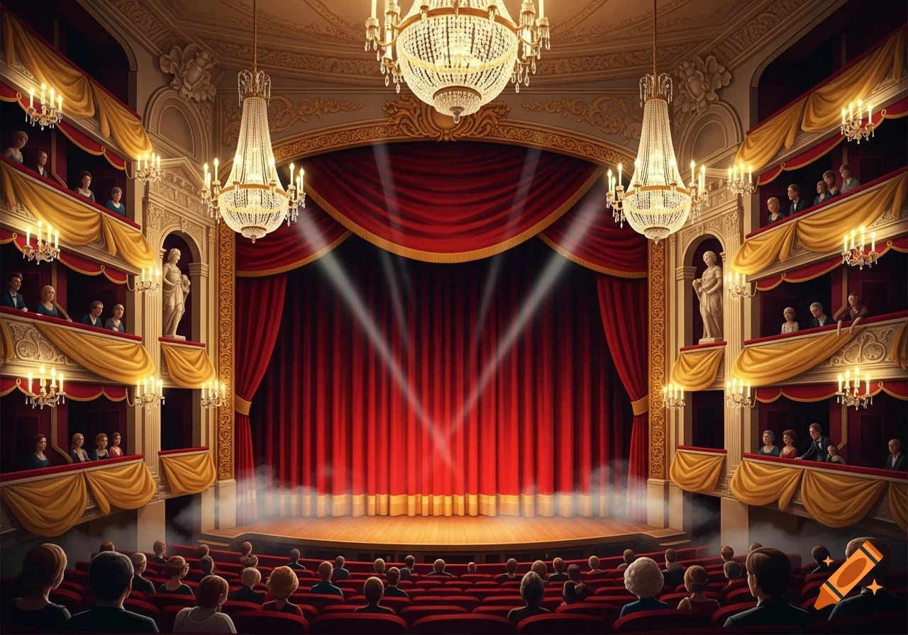 Grand theater interior with red velvet curtains, an empty stage lit by spotlights, ornate balconies filled with an audience, and dazzling chandeliers.