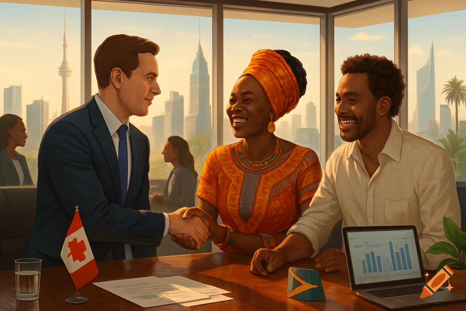 A diverse group of business people, a man in a suit shaking hands with a woman in traditional African attire, with another man smiling next to her. A Canadian flag and another flag are on the table in front of a city skyline.