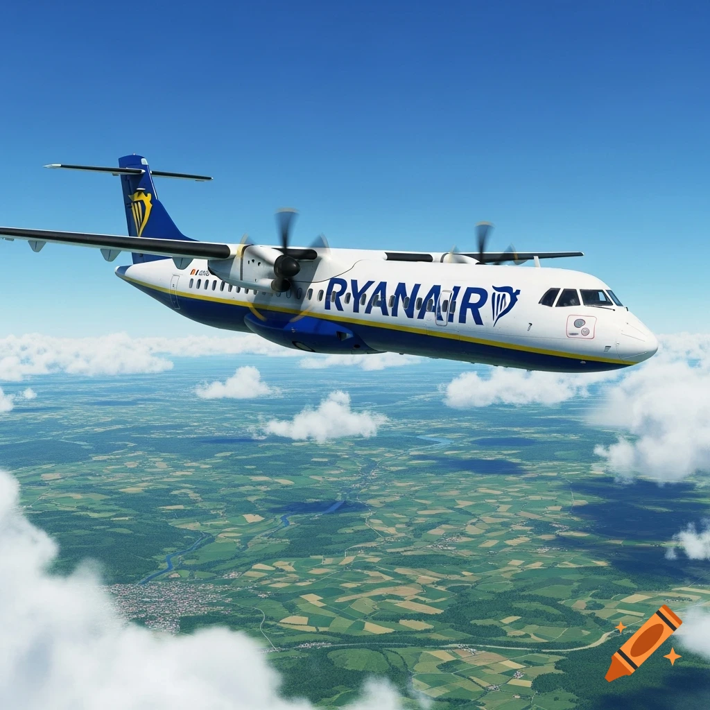 A photorealistic Ryanair ATR-72 airplane flies above green farmlands and white clouds under a clear blue sky.