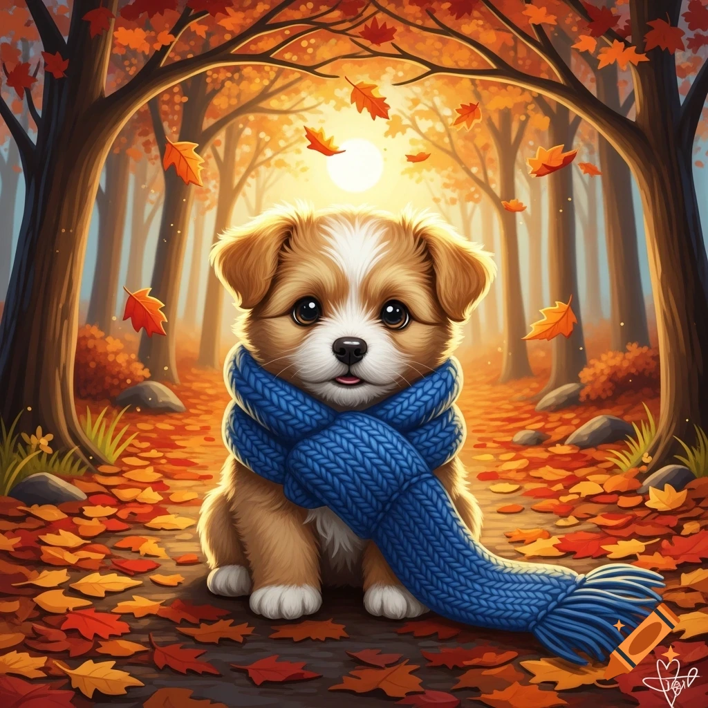 Cute cartoon puppy in a blue scarf sitting on a path covered with autumn leaves in a sunlit forest.