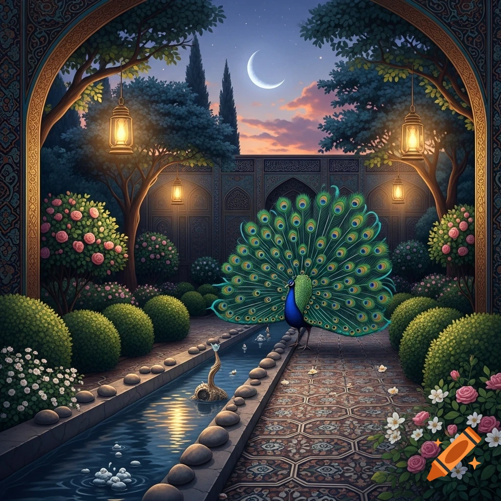 A vibrant peacock with a fanned tail in an ornate, moonlit garden with a canal, lanterns, and flowering bushes.