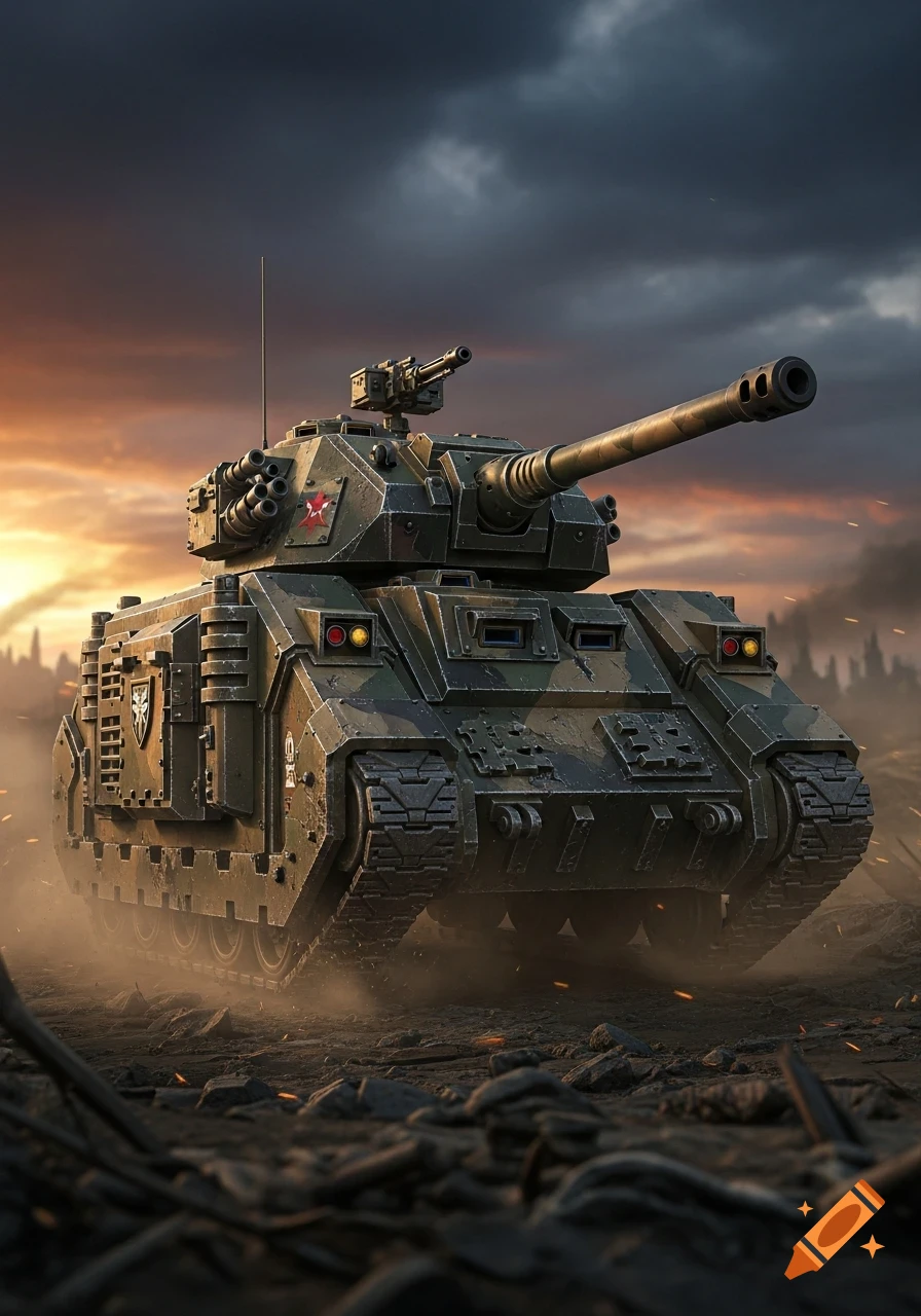 A highly detailed Warhammer Rhino tank stands on a dusty battlefield under a dramatic, cloudy sunset.
