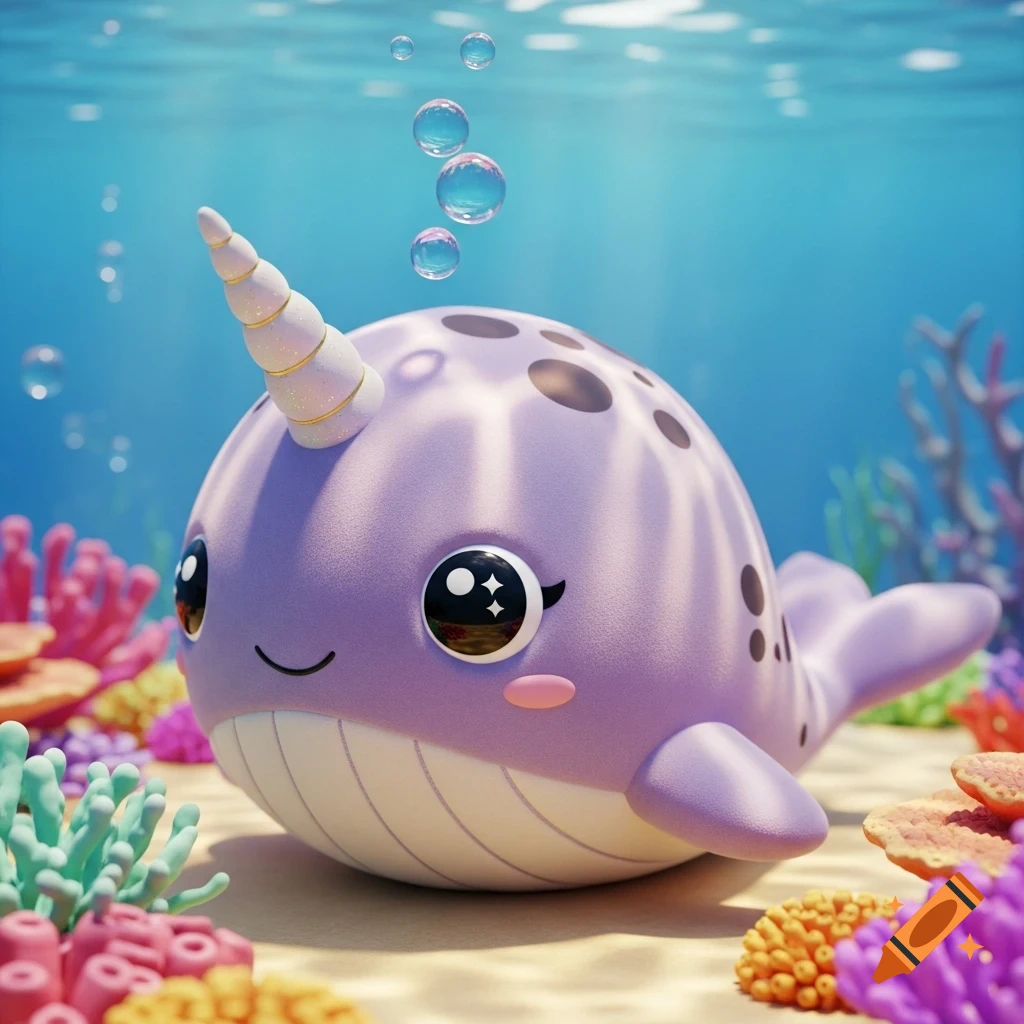 A cute purple narwhal plush toy with a shiny horn on a sandy seafloor with colorful coral and bubbles, 3D render.