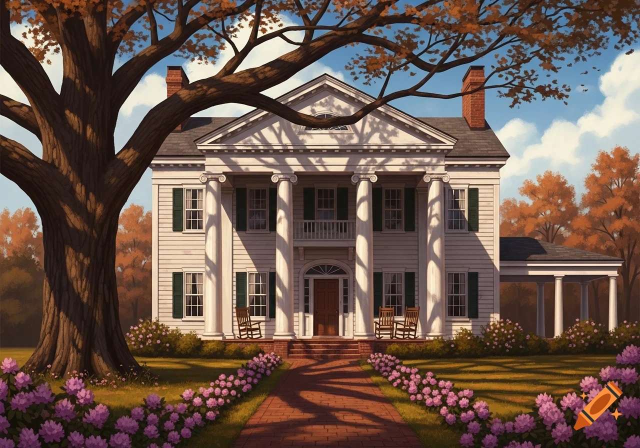 A grand white colonial house with columns and green shutters, framed by a large tree with autumn leaves, and a path lined with purple flowers.