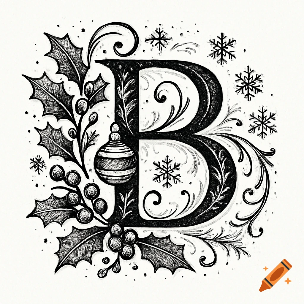 Black and white Christmas-themed illustration of the letter B decorated with holly, berries, snowflakes, and an ornament.