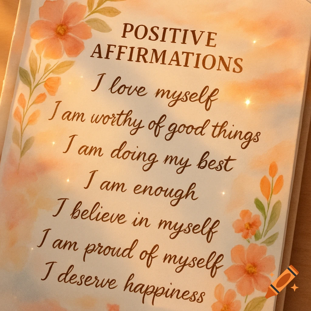 A diary page titled 'POSITIVE AFFIRMATIONS' with self-love statements in script font, bordered by watercolor flowers.