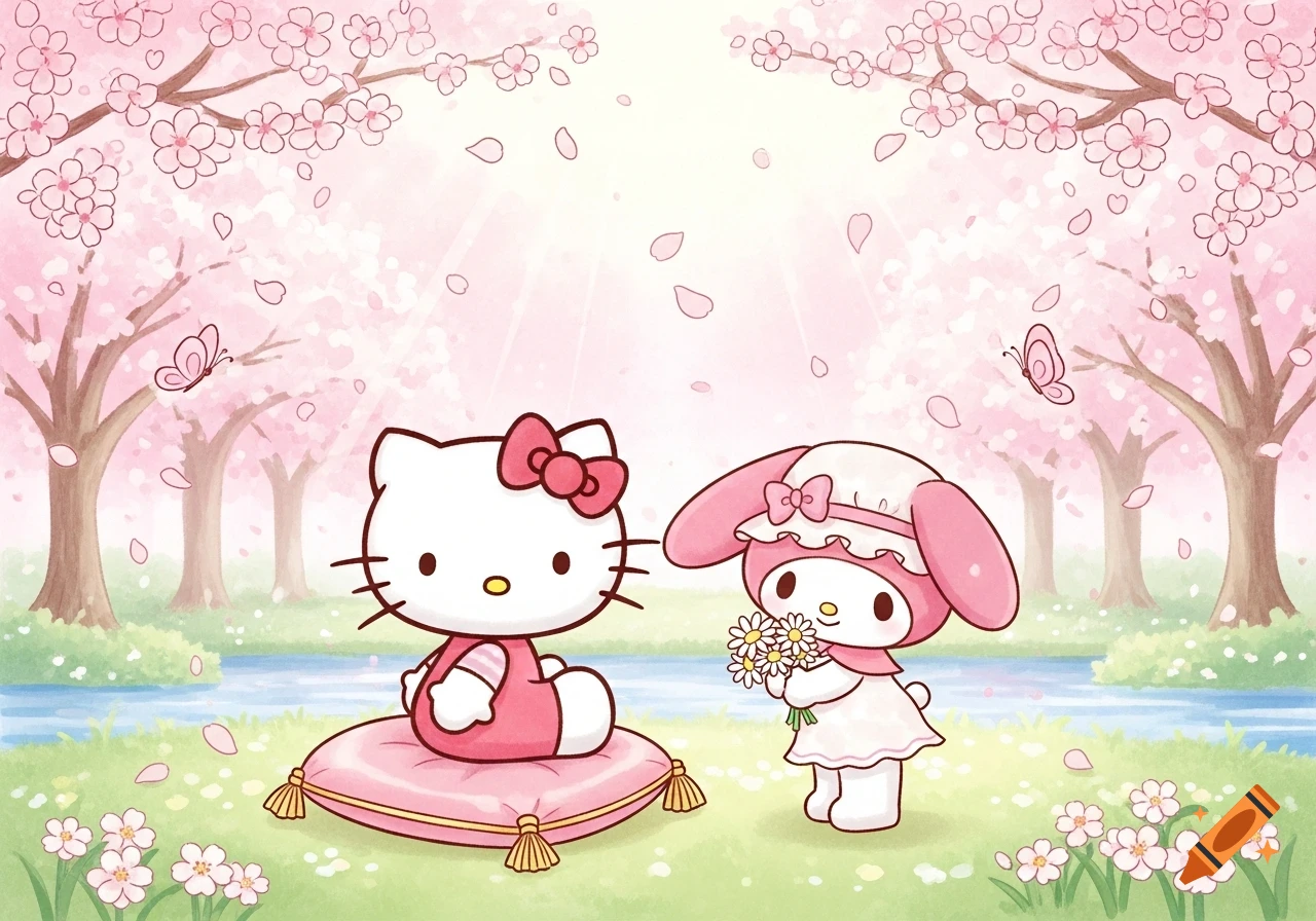 Hello Kitty sits on a pink pillow as My Melody offers flowers in a cute spring cartoon scene with cherry blossom trees.