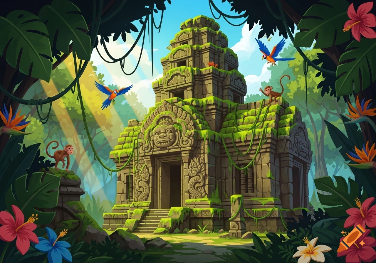 A vibrant cartoon illustration of an overgrown ancient stone temple in a lush jungle, with monkeys and colorful parrots.