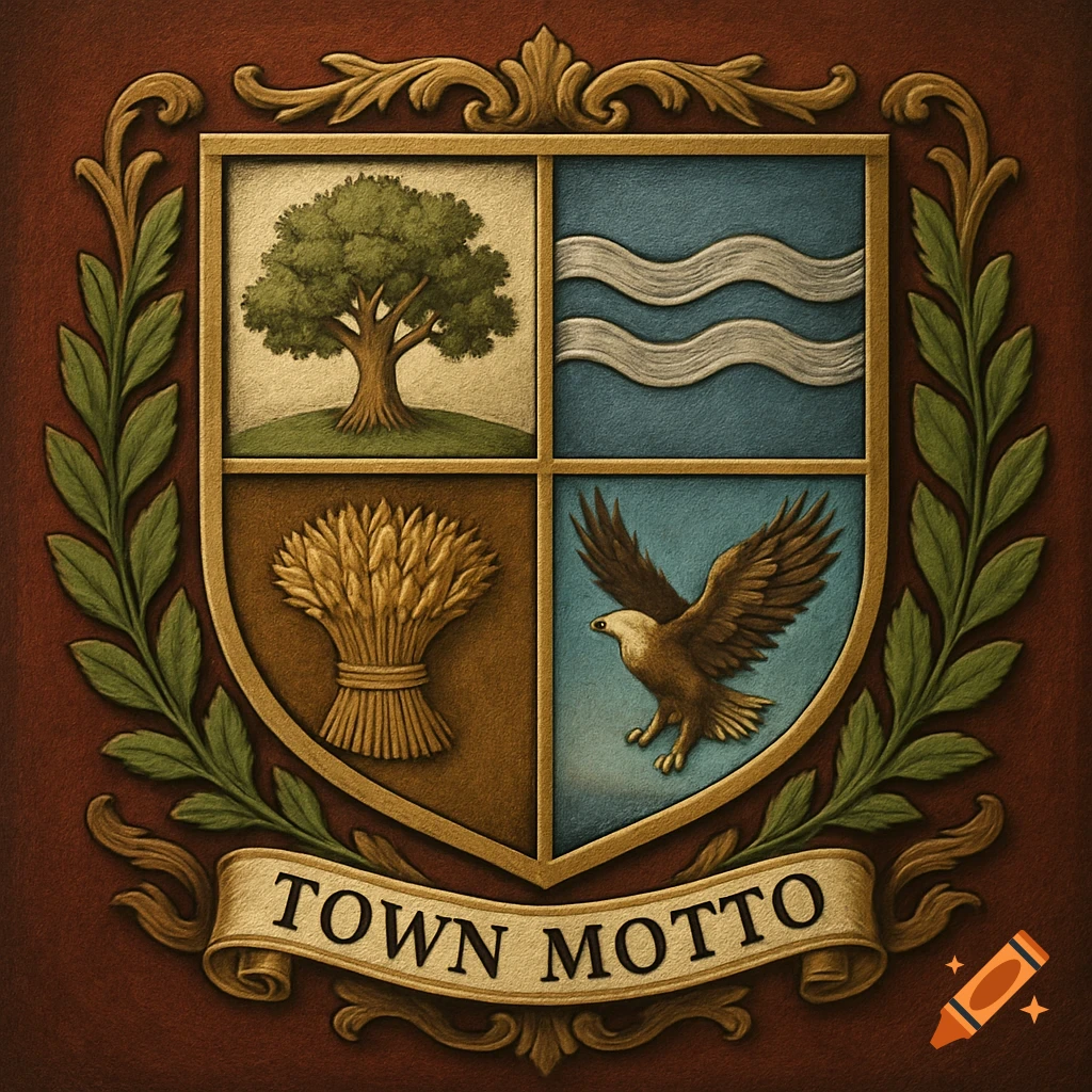 A stylized town crest featuring a tree, wheat, flowing water, and an eagle, with 'TOWN MOTTO' on a banner.