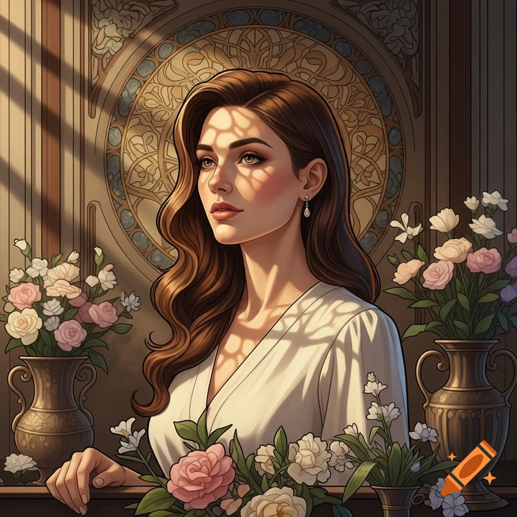 Illustration of a woman with long brown hair in a white dress, surrounded by flowers and vases, with dappled sunlight and Art Nouveau decor.